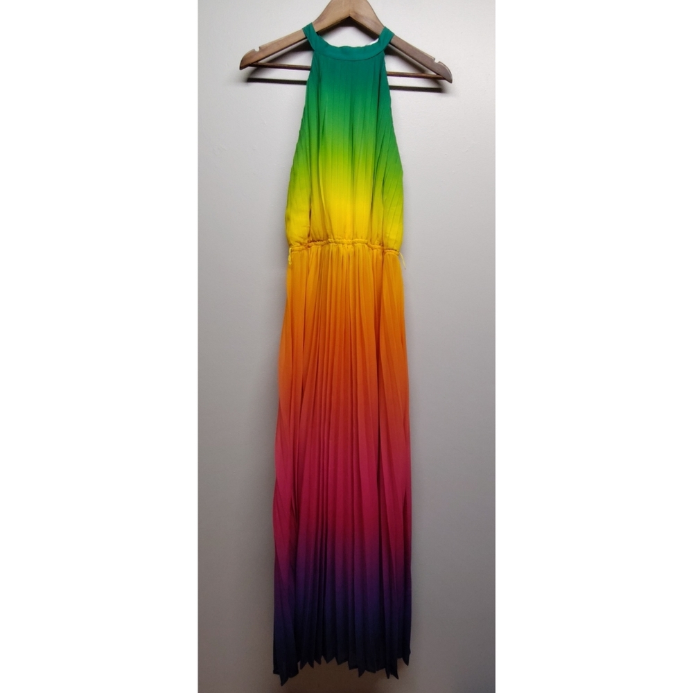 Ms. Bling Maxi Dress Women Size M Green Purple Pleated Halter Formal Colorful